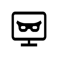 Black and white illustration of a computer monitor displaying a mask icon representing cyber security threat