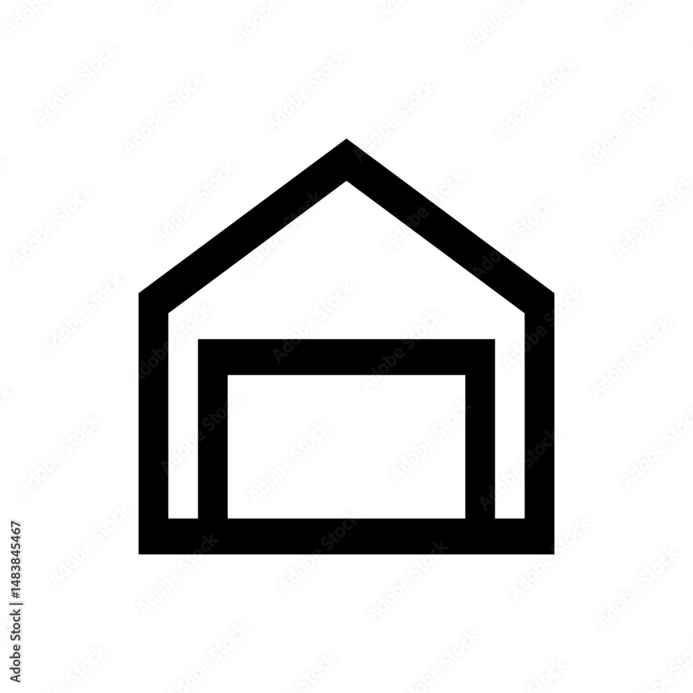 Poster a simple line drawing of a house shape with a rectangular opening inside in black and white color sc