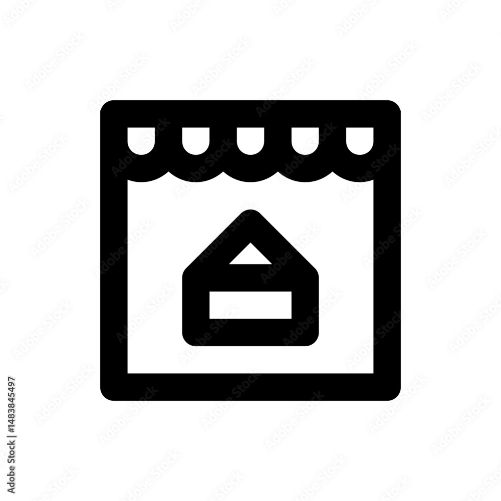 Poster illustration of a square frame with a scalloped top and a house icon inside the frame design element