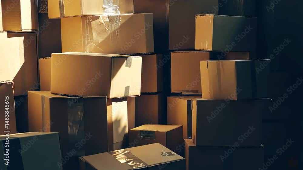 Poster a pile of cardboard boxes stacked on top of each other. the boxes are all different sizes and are pi