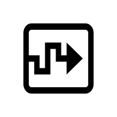 Black rounded rectangle containing a zigzag line leading to an arrow pointing rightward design icon