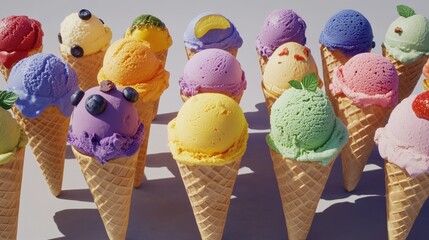 Colorful ice cream scoops in waffle cones. (1)