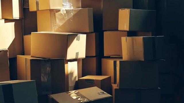 A pile of cardboard boxes stacked on top of each other. The boxes are all different sizes and are piled up in a room