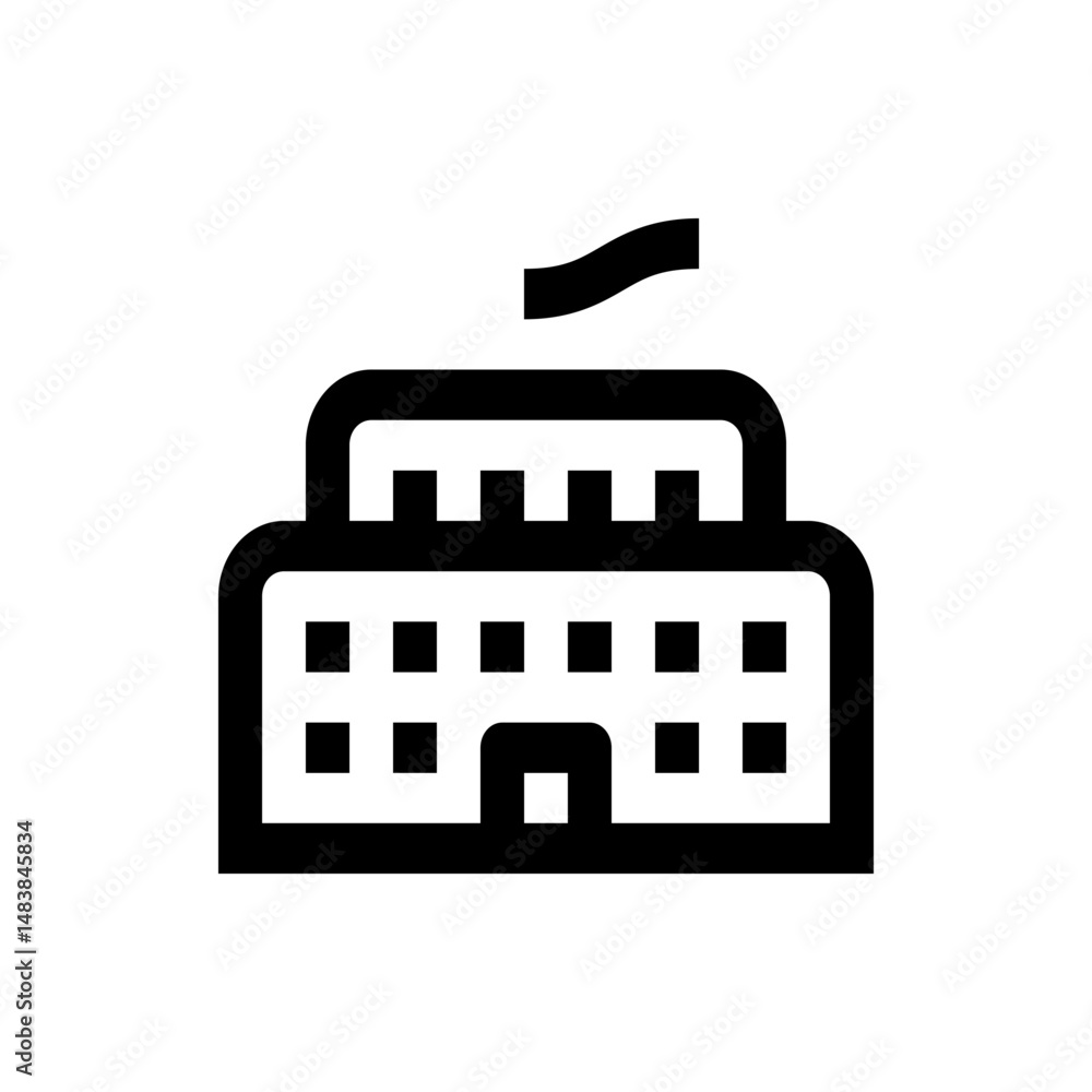 Poster illustration of a two story building with multiple windows and a flag on top in black and white styl