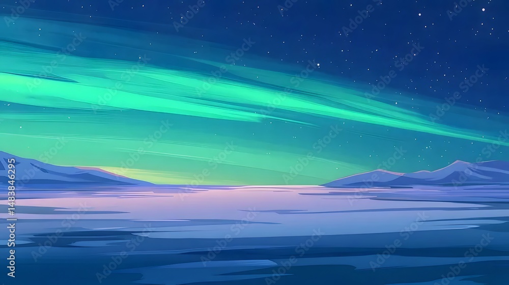 Poster 北極圏の夜空に輝くオーロラ 山々の雪景色と氷の風景 ピクセルアートスタイル