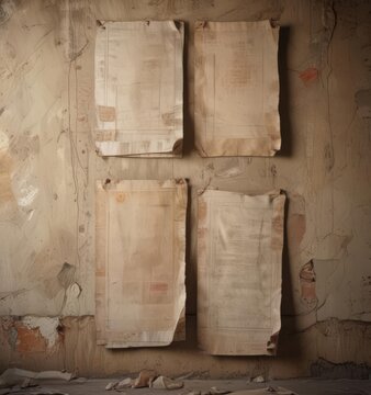 Multiple faded paper posters affixed to a rough textured wall, showing signs of aging and wear ,  urban backdrop,  illustration,  glued posters