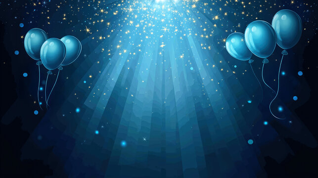 Enchanting Balloon Arrangement: A mesmerizing digital illustration featuring a collection of floating balloons against a captivating blue backdrop and illuminated from above with enchanting glow.