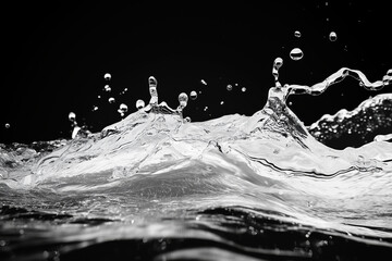 Liquid Symphony: A mesmerizing display of water droplets and ripples, a visual symphony of motion against a stark black backdrop. Capturing the transient beauty of liquid in its purest form. 