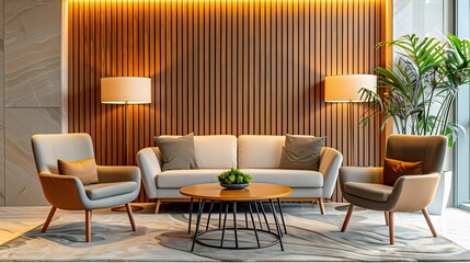 Fototapeta premium Relaxed break area with plush seating soft lighting and muted earth tones The space offers employees a tranquil spot to recharge and brainstorm new ideas