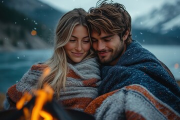 Couple by fire in mountains.