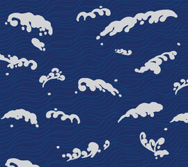 Hand drawn ink brush lines abstract minimal monochromatic waves and water pattern in indigo blue and white, Japanese and ethnic wood carving, block print texture background, simple and humble graphic