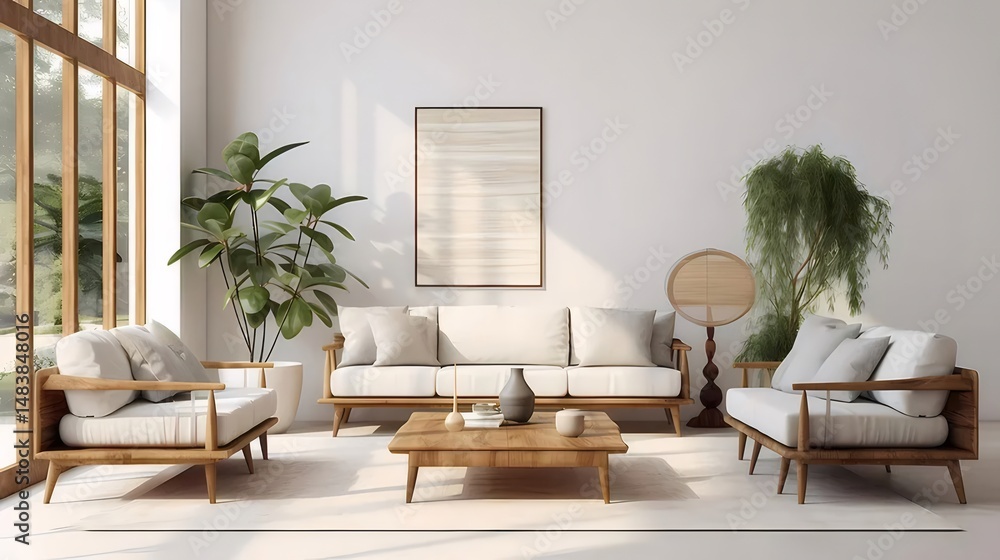 Poster 自然光が降り注ぐニュートラルカラーのリビングルーム 木製家具と緑の植物が調和したミニマルな空間