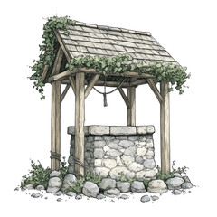 Rustic well with wooden shelter and stone walls.  Overgrown with climbing plants
