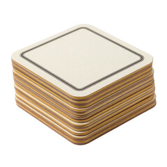 Stack of blank square coasters with simple border design is neatly arranged. coasters are made of thick paperboard, ideal for protecting surfaces from drink spills