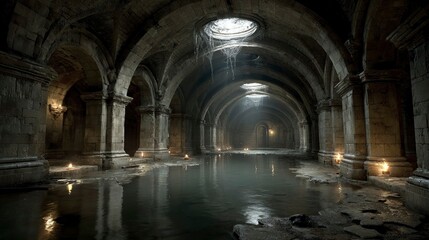 Mysterious Underground Chamber with Arched Columns and Candlelit Water Reflections