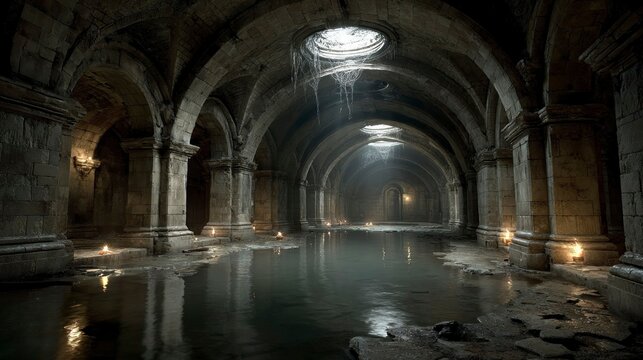 Mysterious Underground Chamber with Arched Columns and Candlelit Water Reflections - Powered by Adobe