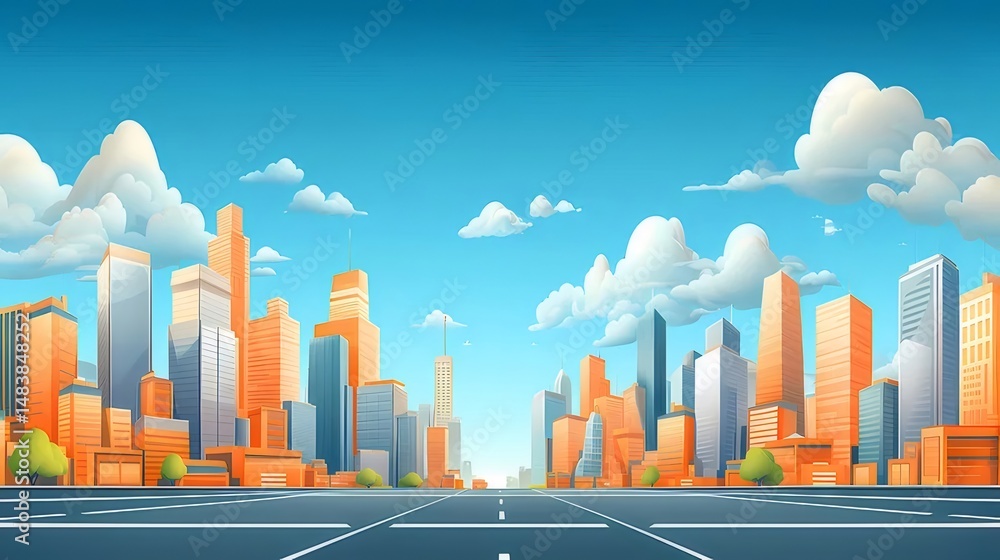 Poster ピクセルアートの都市景観と青空 オレンジ色の建物と道路のある都市のスカイライン 未来的なデザインで 都市部の背景に最適