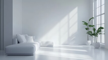 Fototapeta premium A simple, modern living room in Scandinavian style. It's a white, empty space with a clean, Nordic design. 