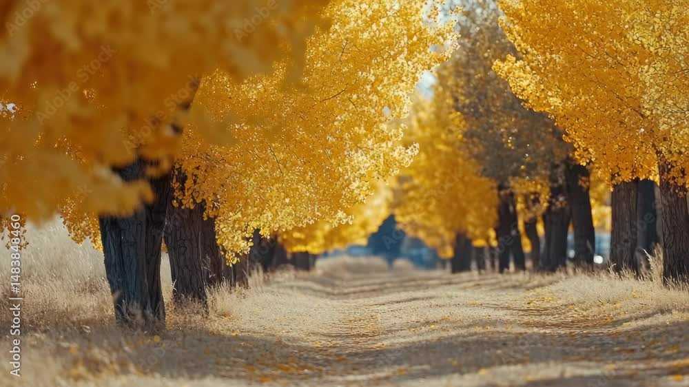 Poster a path through a forest of trees with leaves that are yellow and orange. the trees are tall and the 