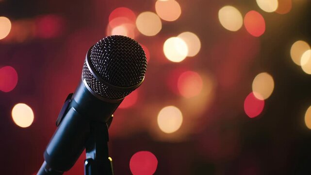 A microphone is pointed at a blurry background. The microphone is black and the background is red. The microphone is the main focus