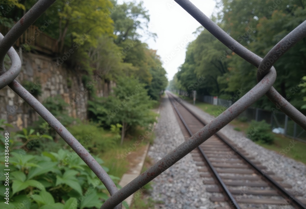 Poster a view of railway tracks through a chain-link fence surrounded by greenery