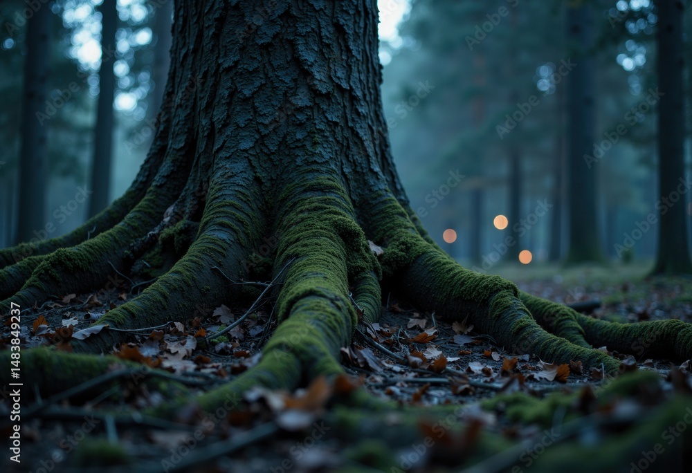 Poster close-up of moss-covered roots spreading from a large tree trunk in a misty forest scene