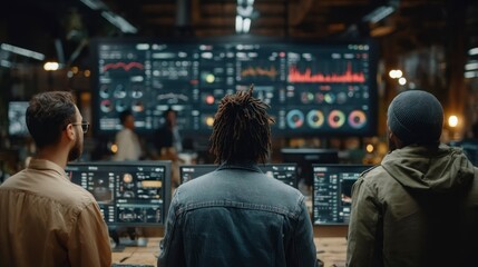 Team of professionals analyzing data on large screens in a modern office setting