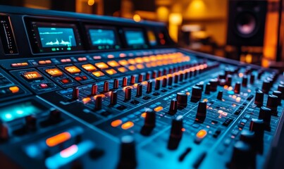 Modern interior of professional recording studio with music production equipment, sound mixing console, digital control panel for audio record