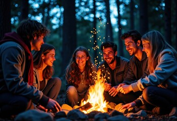 Group of young friends sitting around a campfire in a forest at night, enjoying each other's company
