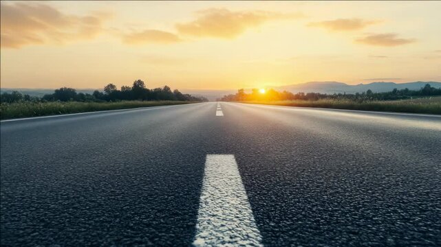 A road with a white line down the middle and a sun in the sky. The road is empty and the sky is clear