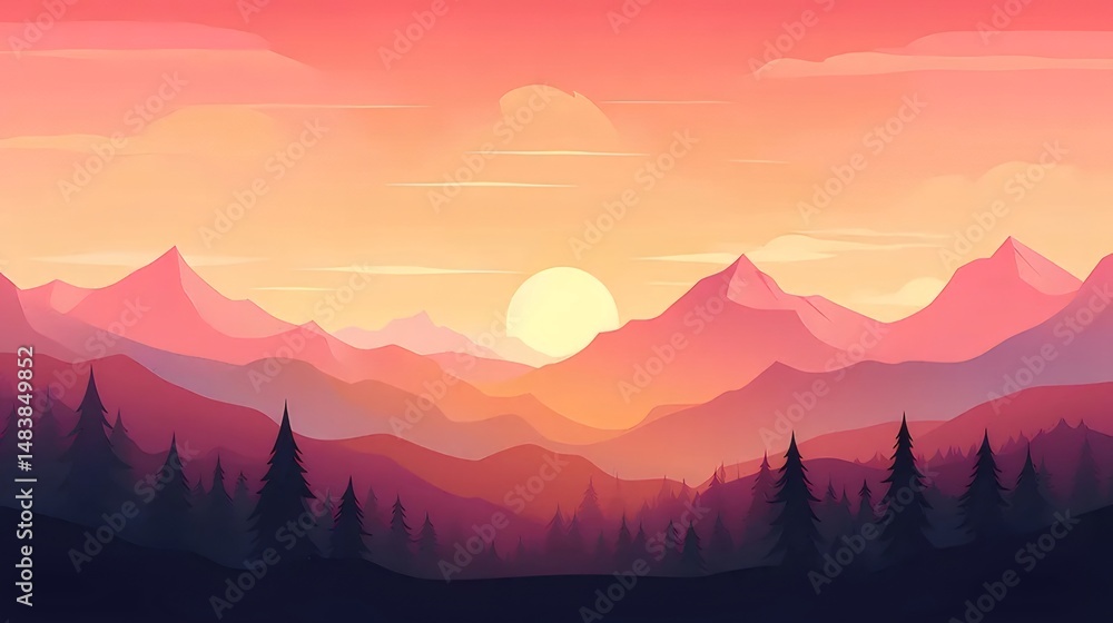 Aufkleber オレンジとピンクの夕焼けのピクセルアートの山の風景と針葉樹林のシルエット