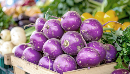 Fresh purple turnips on display at a farmers' market. AI