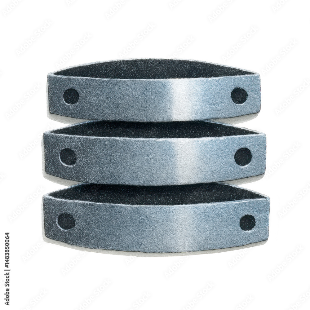 Poster stack of three metallic, curved plates with holes on each end, resembling industrial components or m