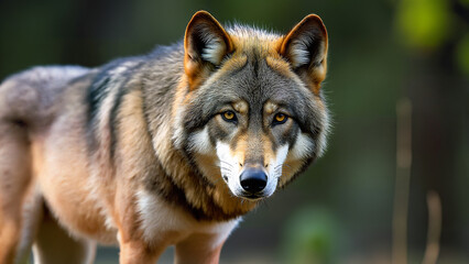 Fototapeta premium A striking close-up of a grey wolf in its natural habitat. Perfect for wildlife, nature, and animal behavior searches.