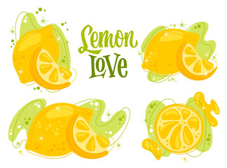 Lemon Love. Set of vibrant lemon illustrations and playful splashes with playful lettering in a retro 50s style. The color palette embraces cheerful yellows and soft greens.
