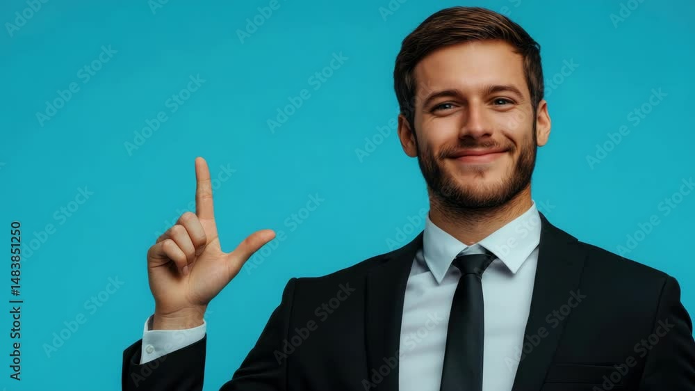 Poster a man in a suit is pointing to the sky with his finger. he is smiling and he is happy