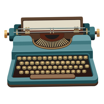 A colorful cartoon illustration of a vintage blue and brown typewriter with a blank sheet of paper inserted.
