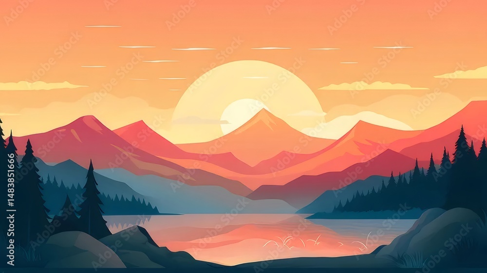 Poster オレンジ色の空に山と湖のピクセルアートの風景 夕暮れ時の穏やかな水面に反射する山と木々 静けさと美しさを捉えたアウトドアシーン