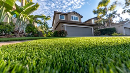 Front yard with vibrant artificial turf showcasing a well-maintained landscape in a suburban neighborhood during a sunny day
