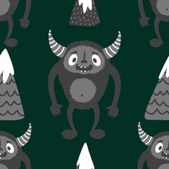 Winter monsters seamless Christmas yeti pattern for wrapping paper and fabrics
