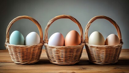 Three wicker baskets each containing two eggs of different colors