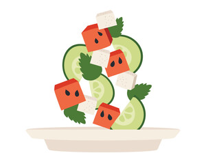 Salad with Watermelon cubes, Mint, Cucumber and Feta cheese. Vegetables, leaves fall into plate. Cooking summer Dish. Ingredients of healthy food. Flat design. Isolated. Color vector illustration.