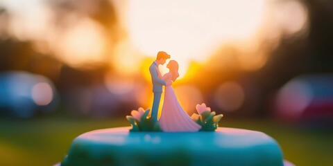Romantic wedding cake topper in pastel hues at golden sunset