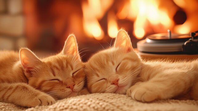 Adorable Kittens Sleeping by Fireplace Cozy Winter Scene