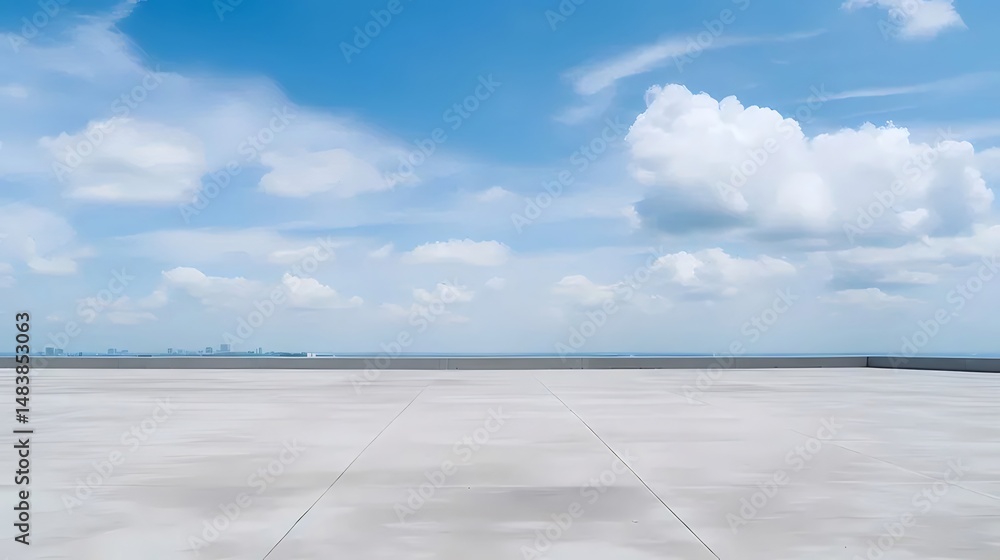 Poster 広いコンクリートの表面と都市のスカイラインの背景に浮かぶ白い雲と晴れた青空の静かな風景