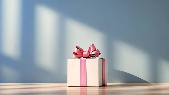 Elegant gift box with pink ribbon and bow on light wooden table against blue wall with window shadows