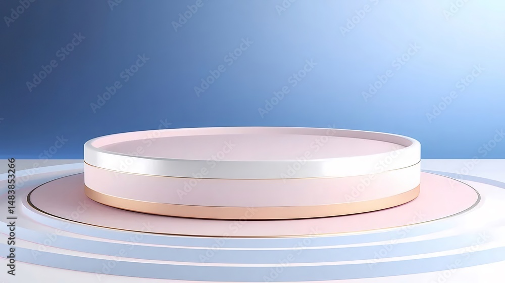 Aufkleber ソフトピンクの円形台座 プレゼンテーション用の白いプラットフォームと青い背景 光沢のある表面と豪華な装飾が施されたミニマリストの展示台