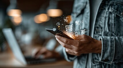 Online Shopping Experience with Digital Icons Floating from Smartphone Screen