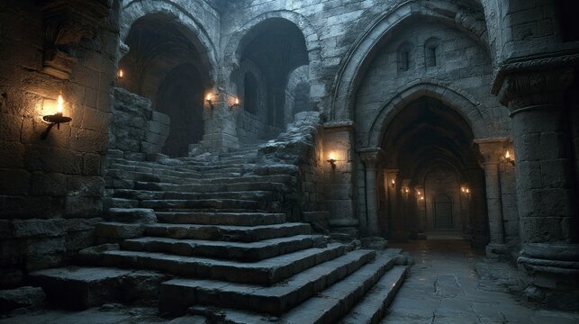 Medieval stone staircase and corridor dark fantasy game background ancient architecture