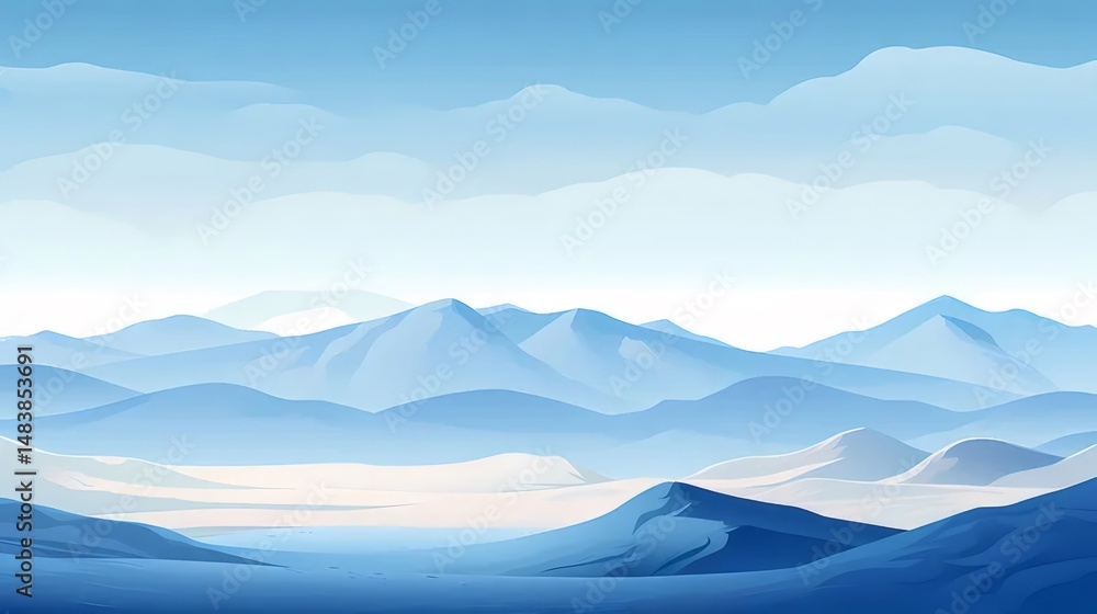 Aufkleber ピクセルアートの青い山脈の風景 静かな冬の景色 寒さと自然の美しさを捉えたパノラマ
